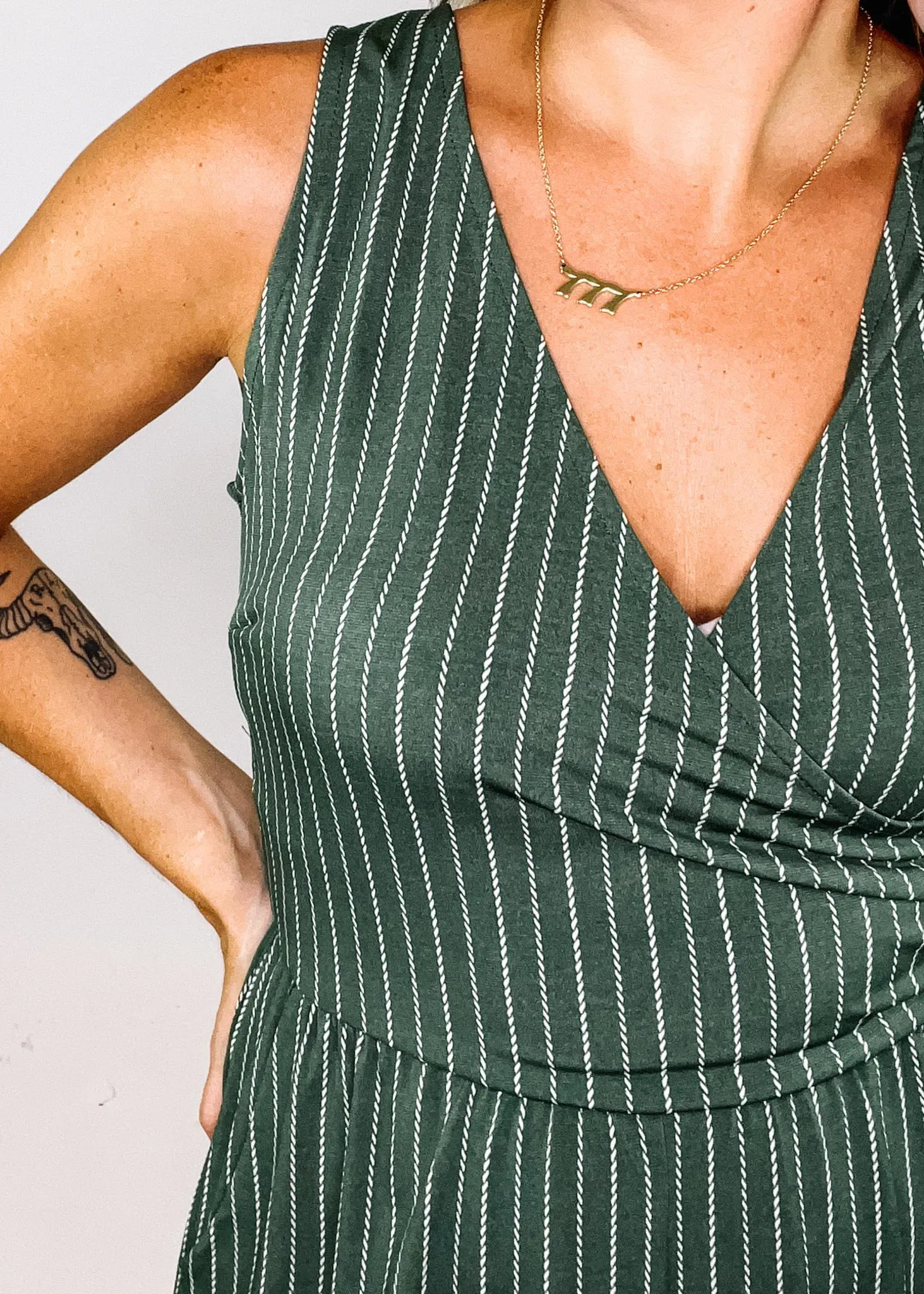 Olive and Ivory Stripe Faux Wrap Romper
