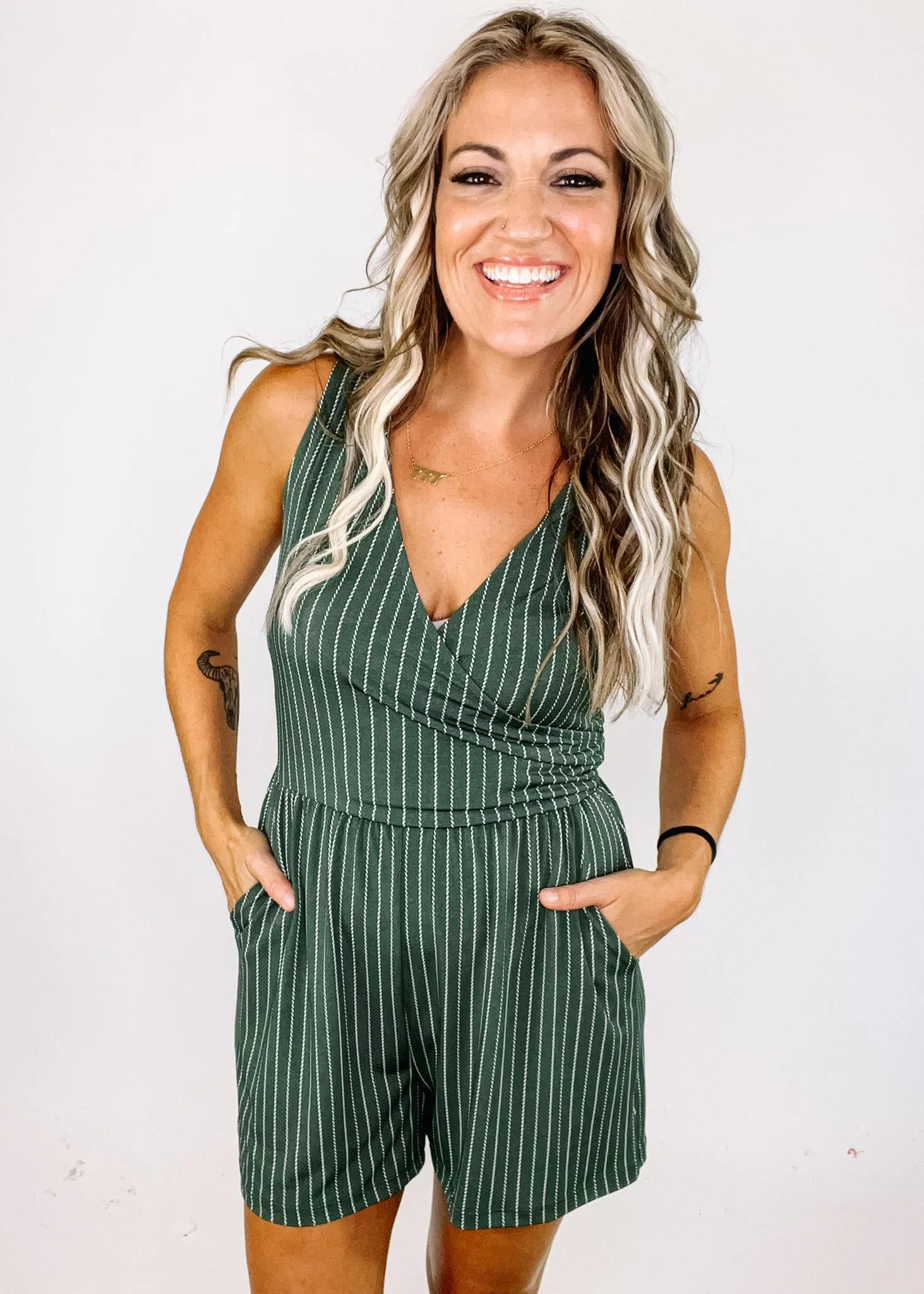 Olive and Ivory Stripe Faux Wrap Romper