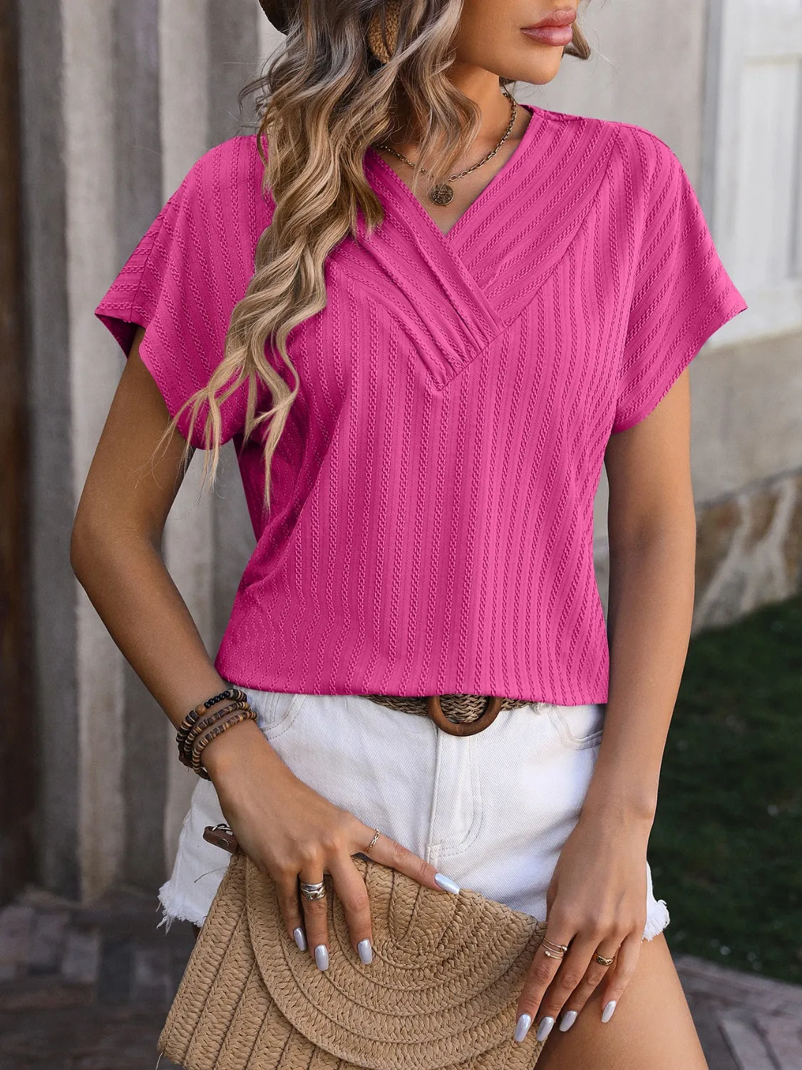 Olivia Textured Surplice Short Sleeve Blouse - Online Exclusive
