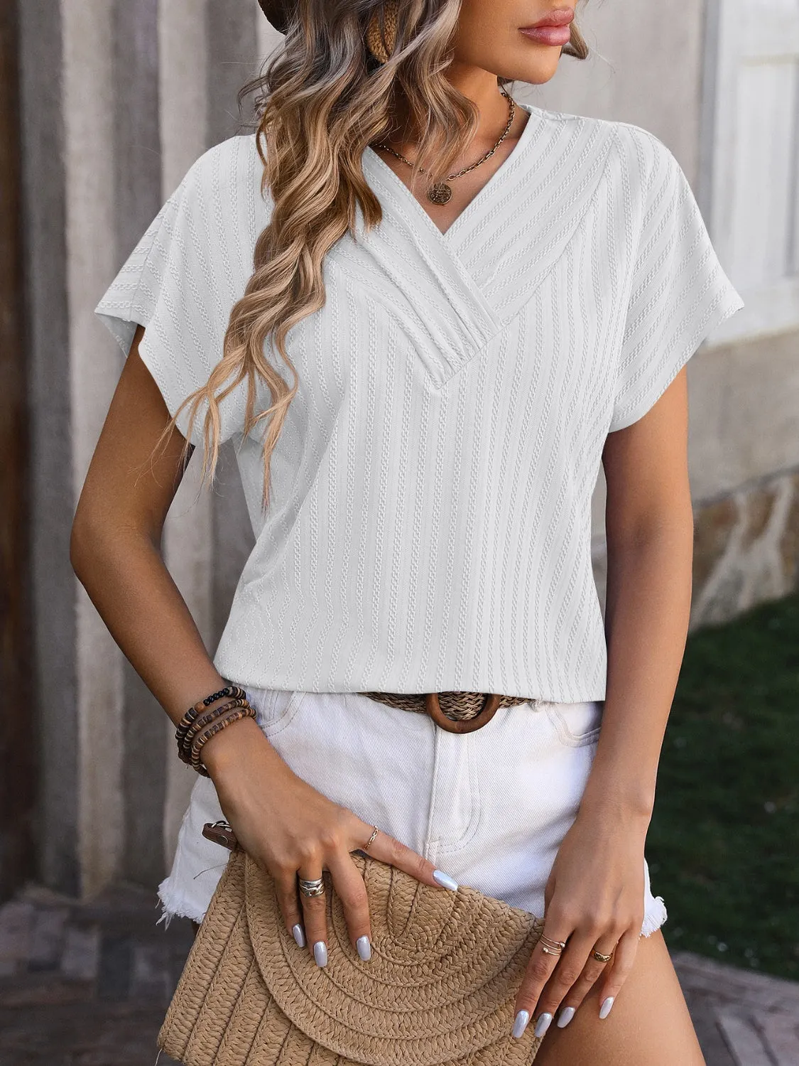 Olivia Textured Surplice Short Sleeve Blouse - Online Exclusive