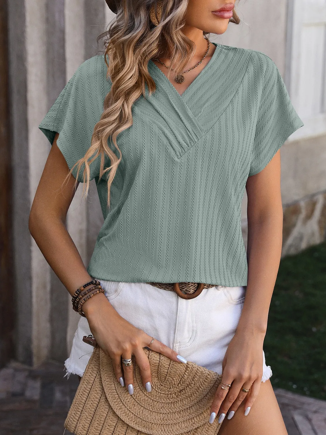 Olivia Textured Surplice Short Sleeve Blouse - Online Exclusive