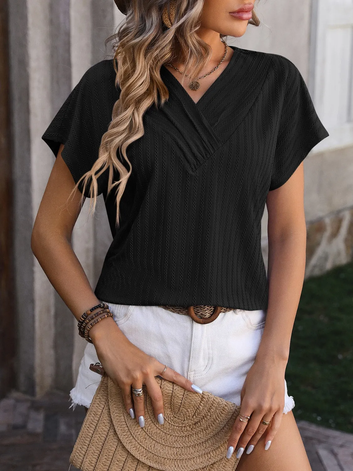 Olivia Textured Surplice Short Sleeve Blouse - Online Exclusive
