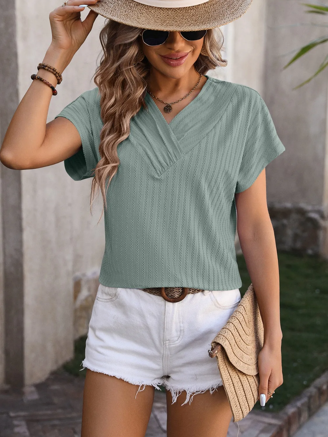 Olivia Textured Surplice Short Sleeve Blouse - Online Exclusive