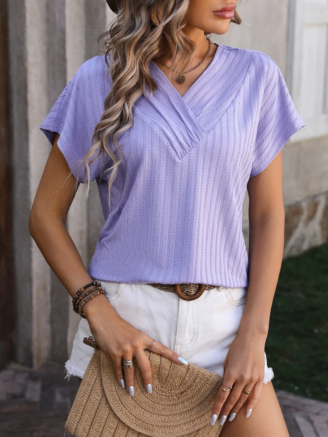 Olivia Textured Surplice Short Sleeve Blouse - Online Exclusive