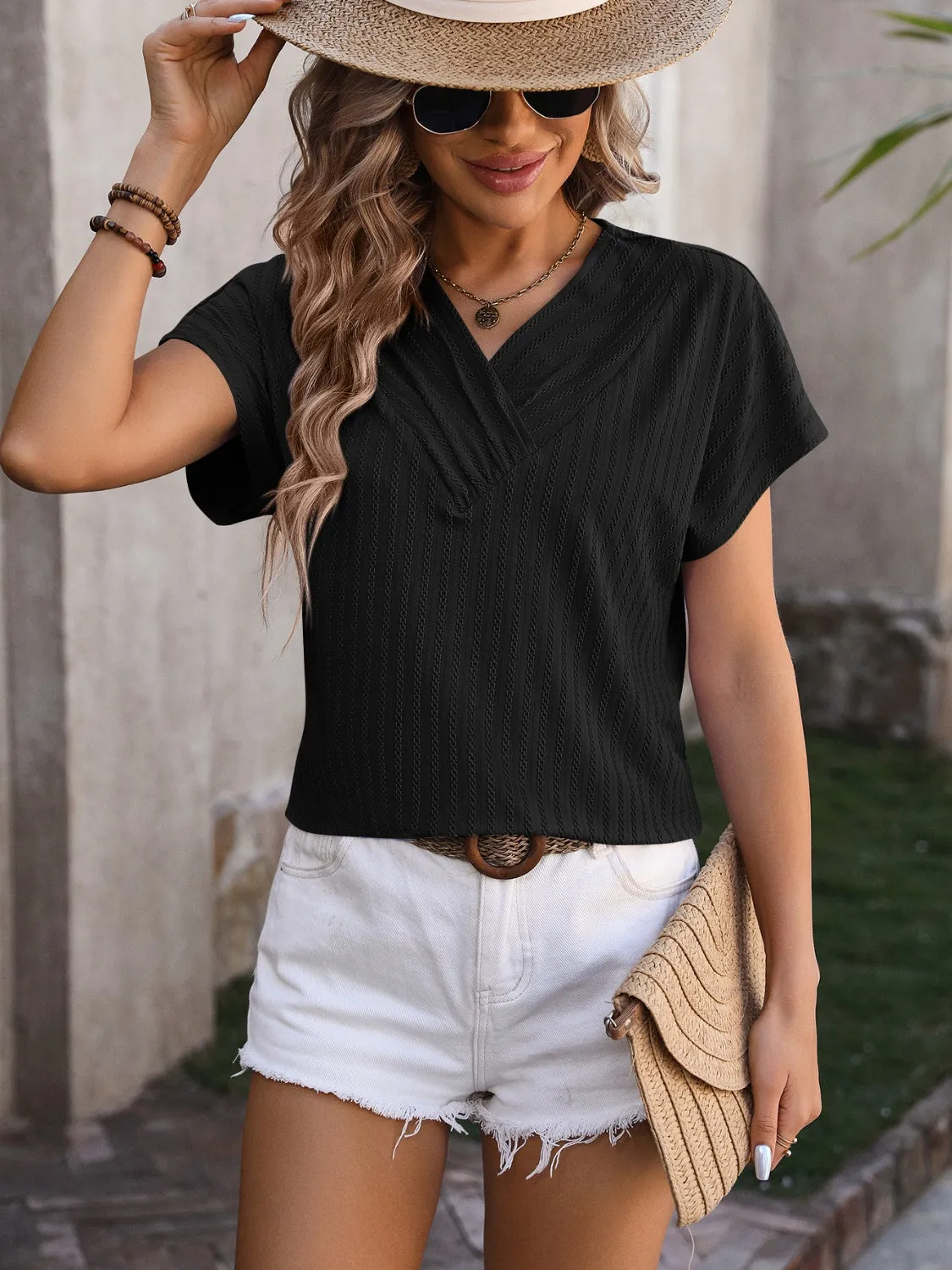Olivia Textured Surplice Short Sleeve Blouse - Online Exclusive