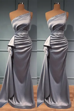 One Shoulder Beadings Prom Dress With Belts - Shiny Silver