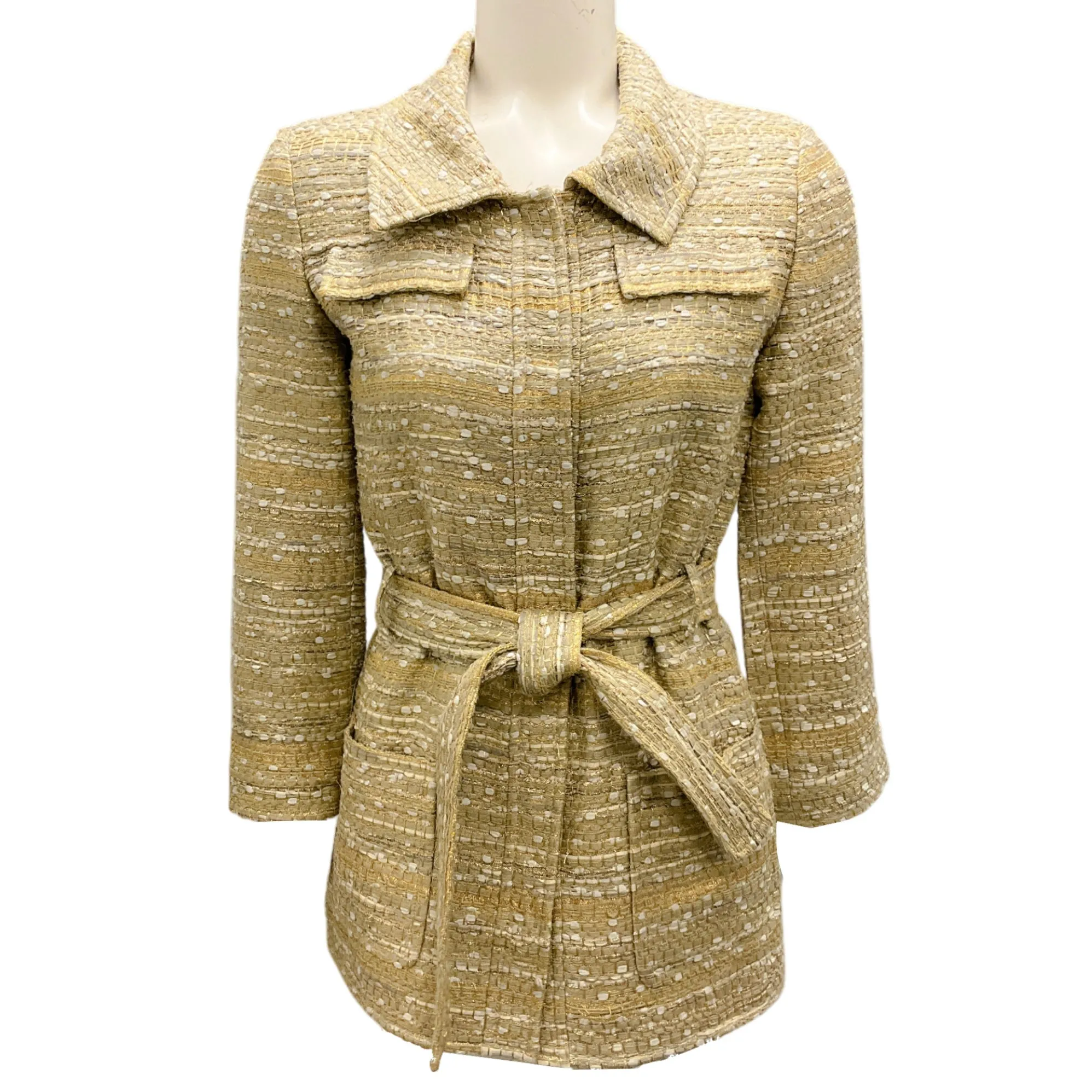 Oscar de la Renta Gold Metallic Belted Woven Jacket