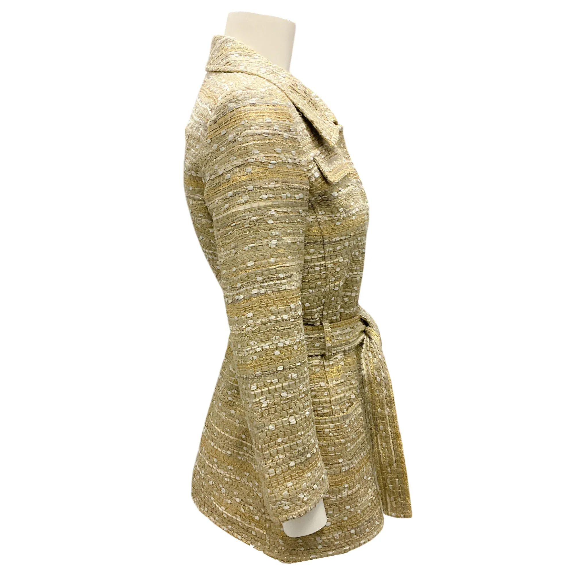 Oscar de la Renta Gold Metallic Belted Woven Jacket