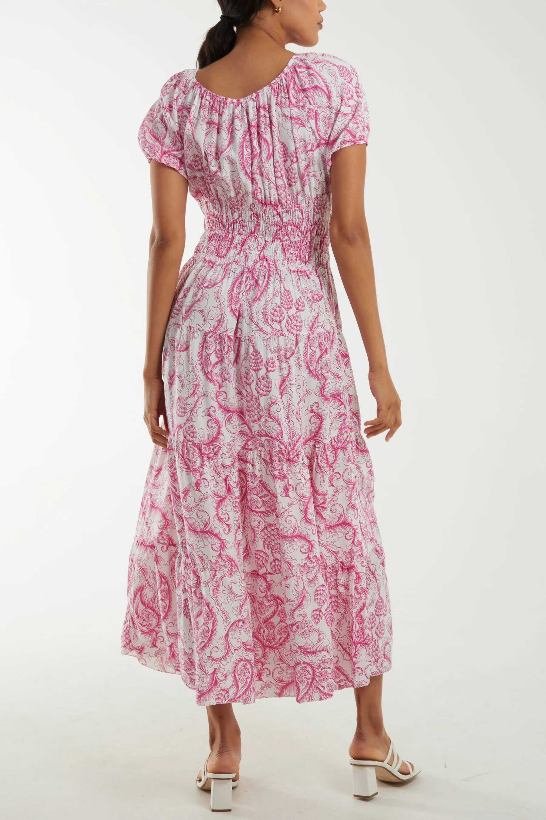 Paisley Bardot Shirred Bodice Midi Dress