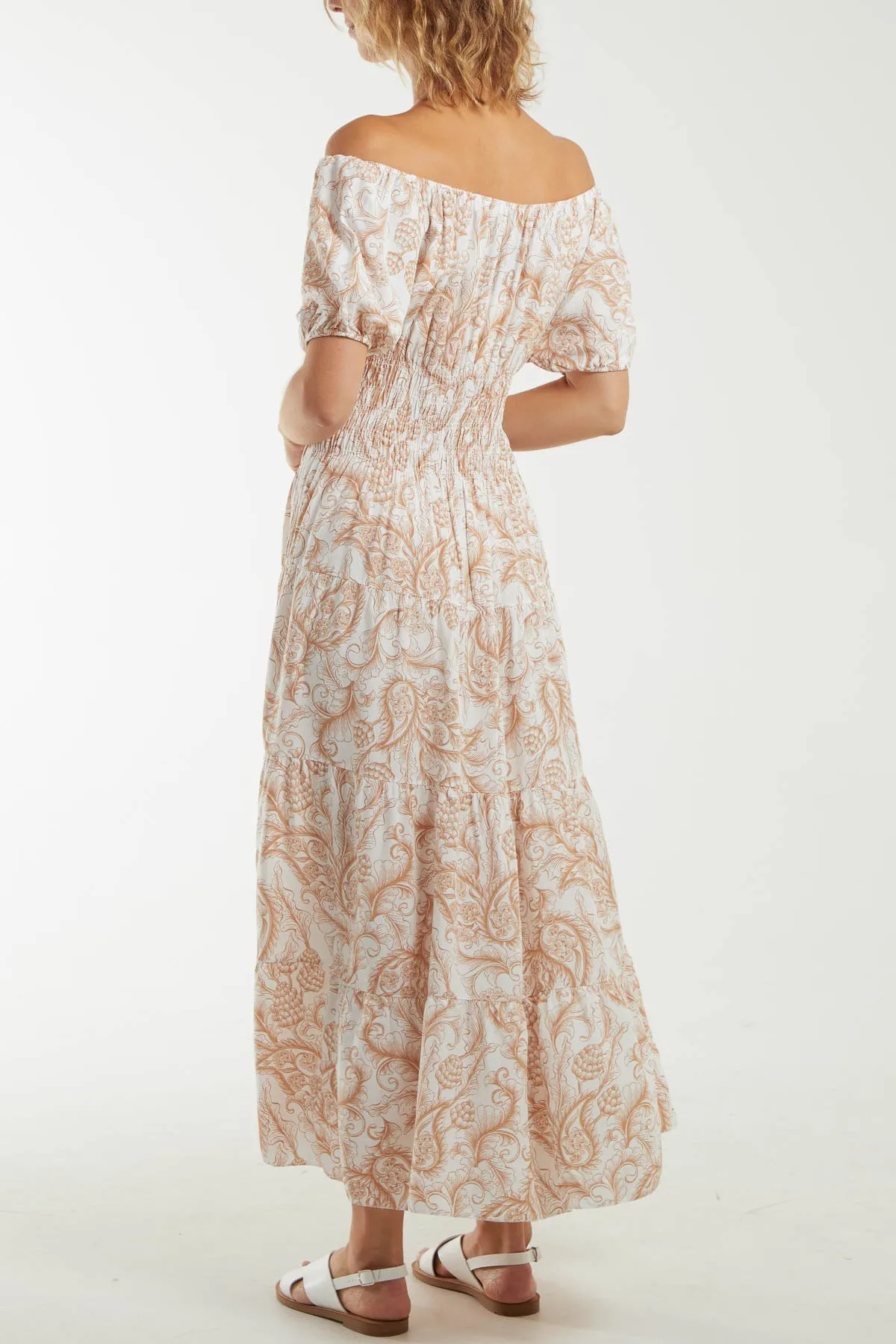Paisley Bardot Shirred Bodice Midi Dress