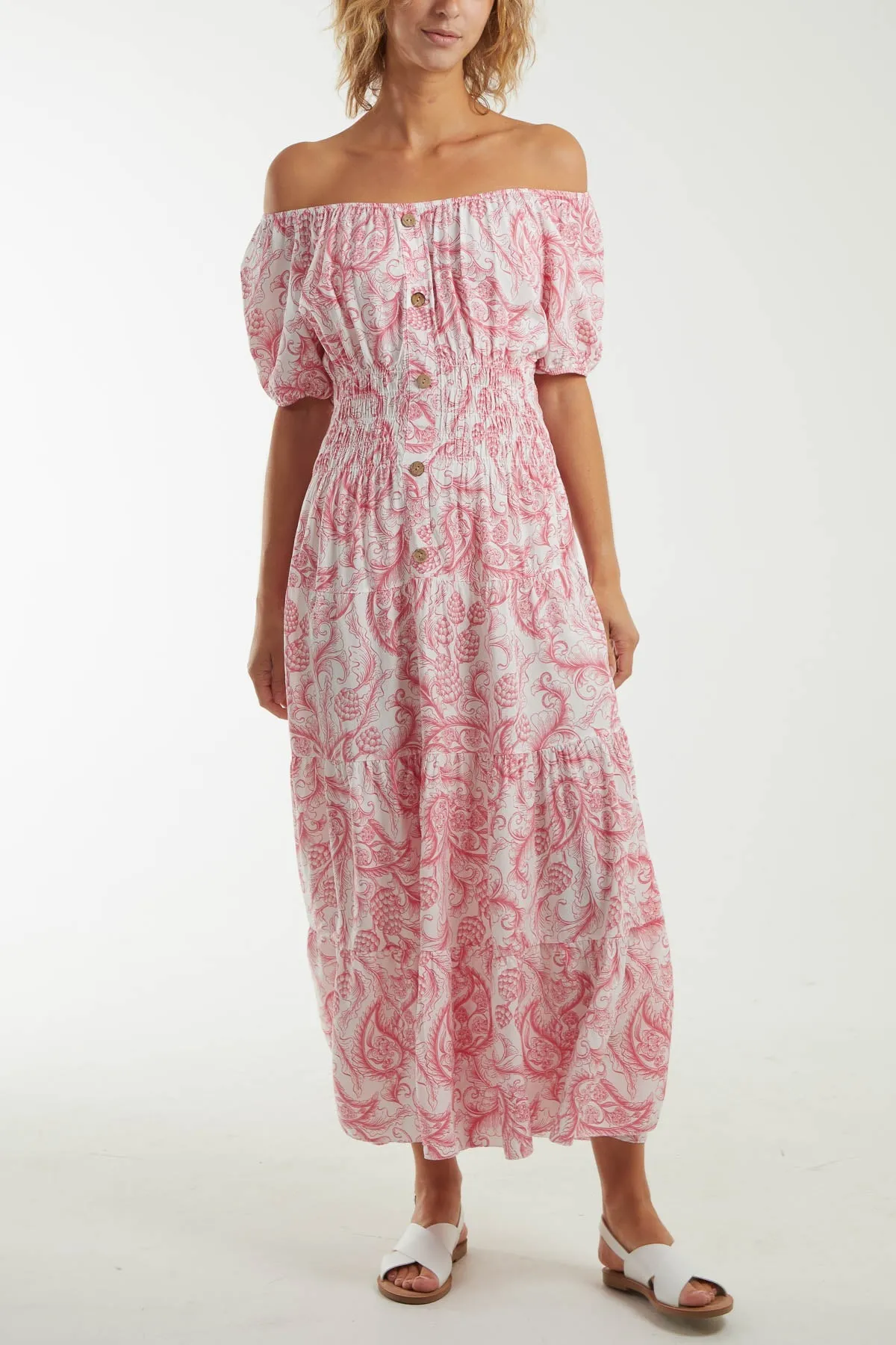 Paisley Bardot Shirred Bodice Midi Dress