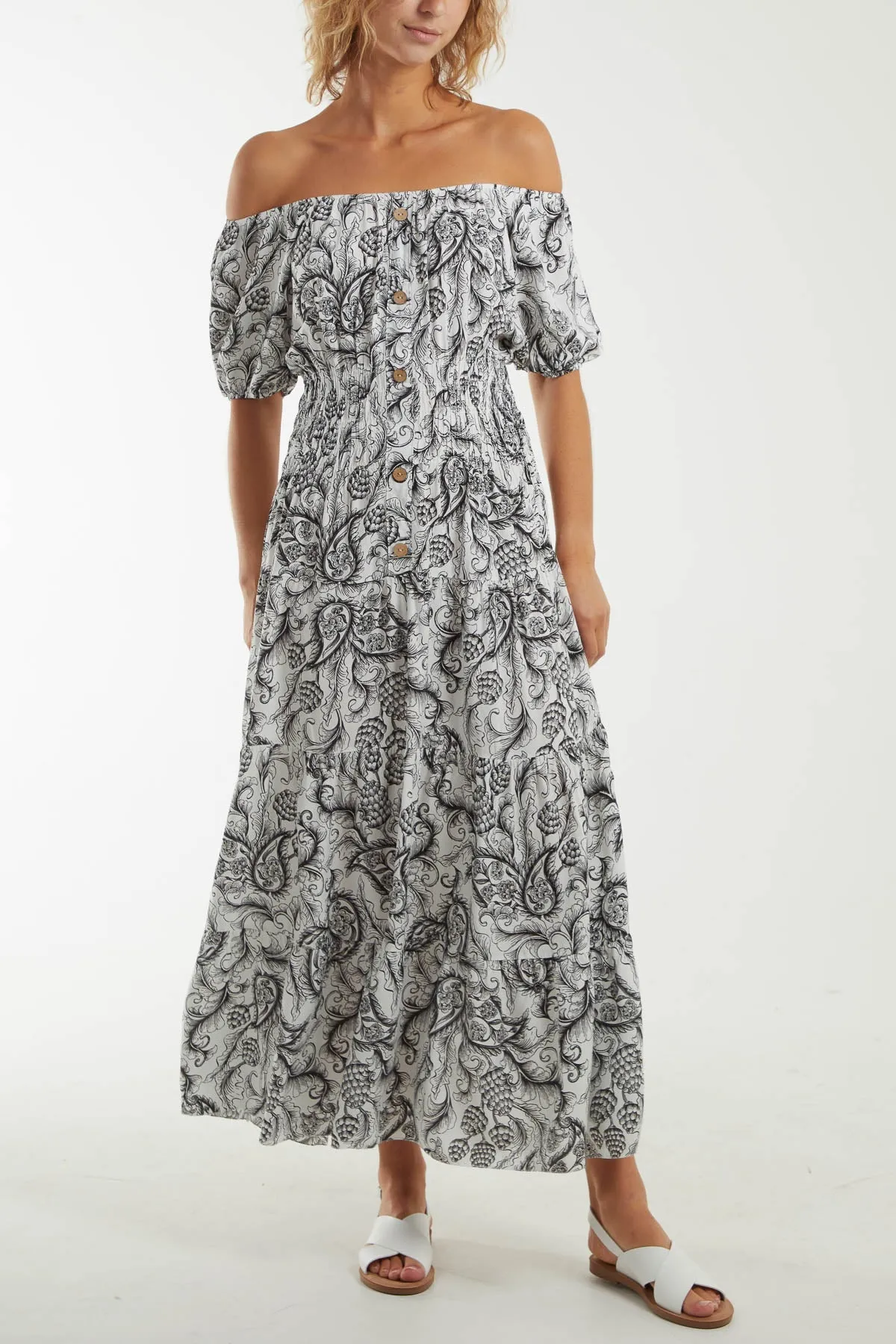 Paisley Bardot Shirred Bodice Midi Dress