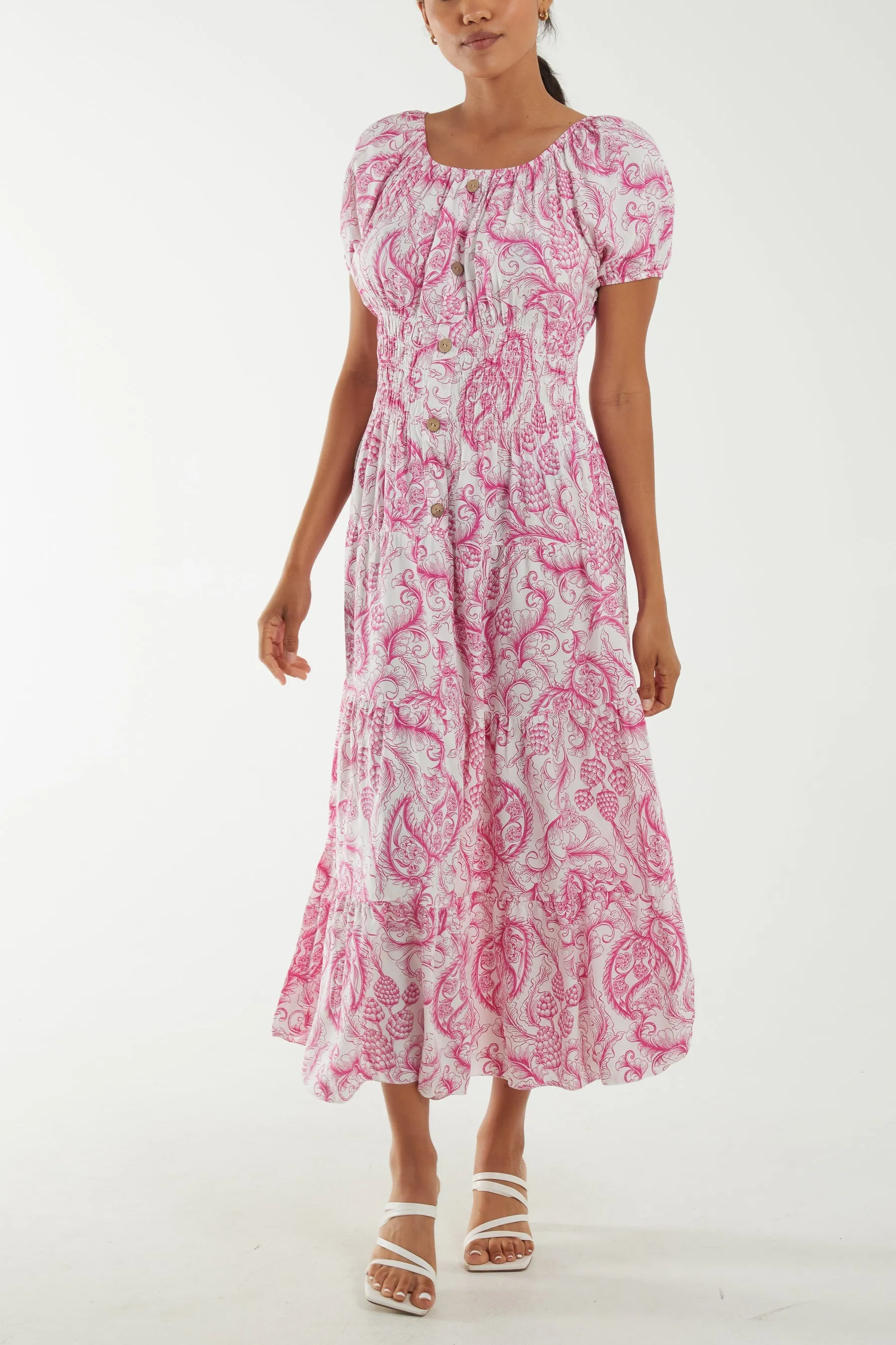 Paisley Bardot Shirred Bodice Midi Dress