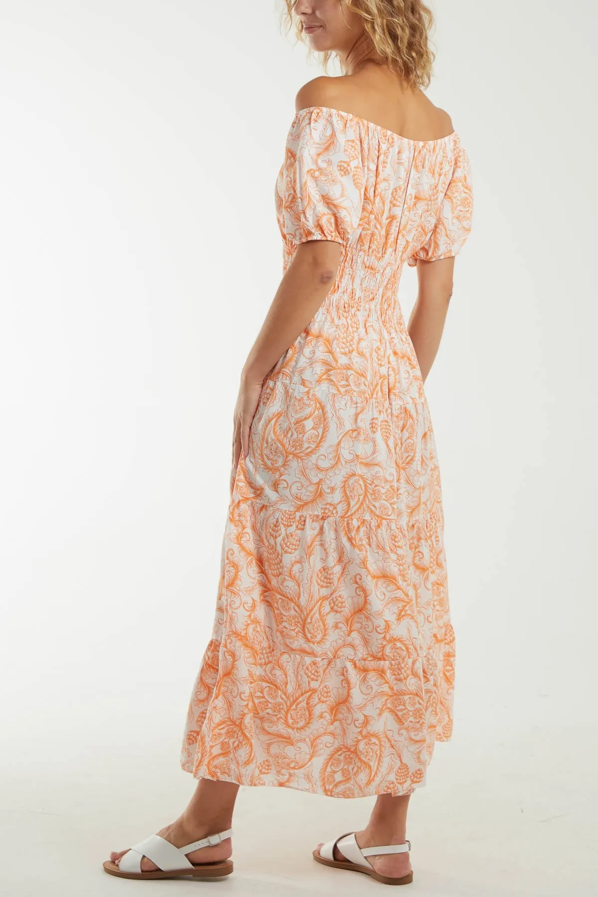 Paisley Bardot Shirred Bodice Midi Dress
