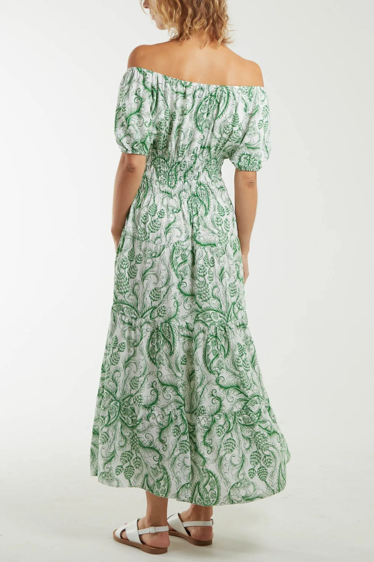Paisley Bardot Shirred Bodice Midi Dress