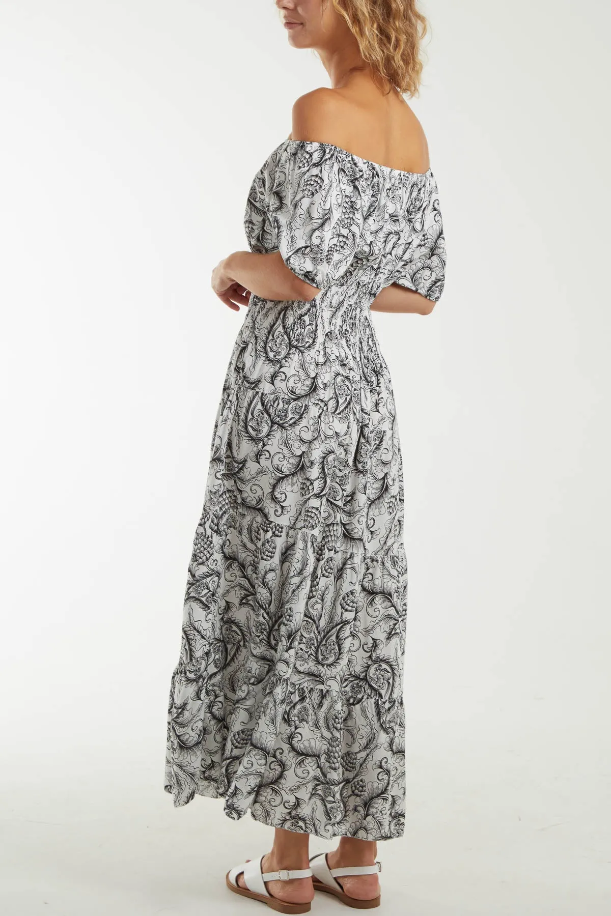Paisley Bardot Shirred Bodice Midi Dress