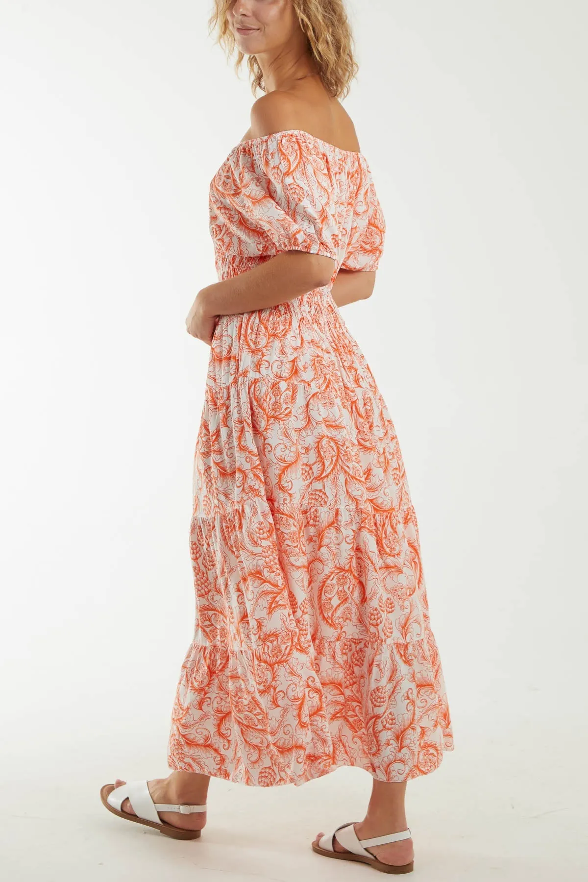 Paisley Bardot Shirred Bodice Midi Dress