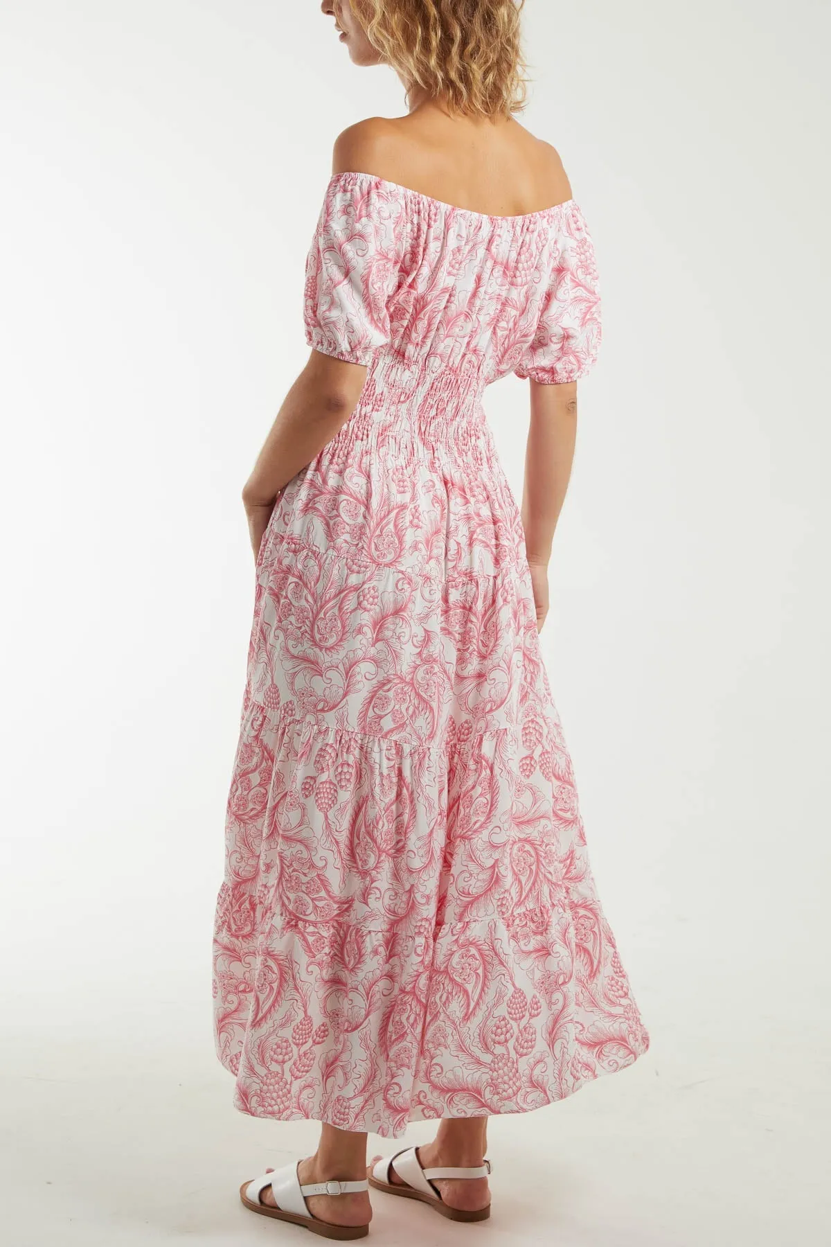 Paisley Bardot Shirred Bodice Midi Dress