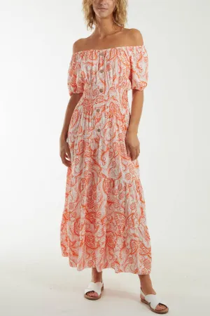 Paisley Bardot Shirred Bodice Midi Dress