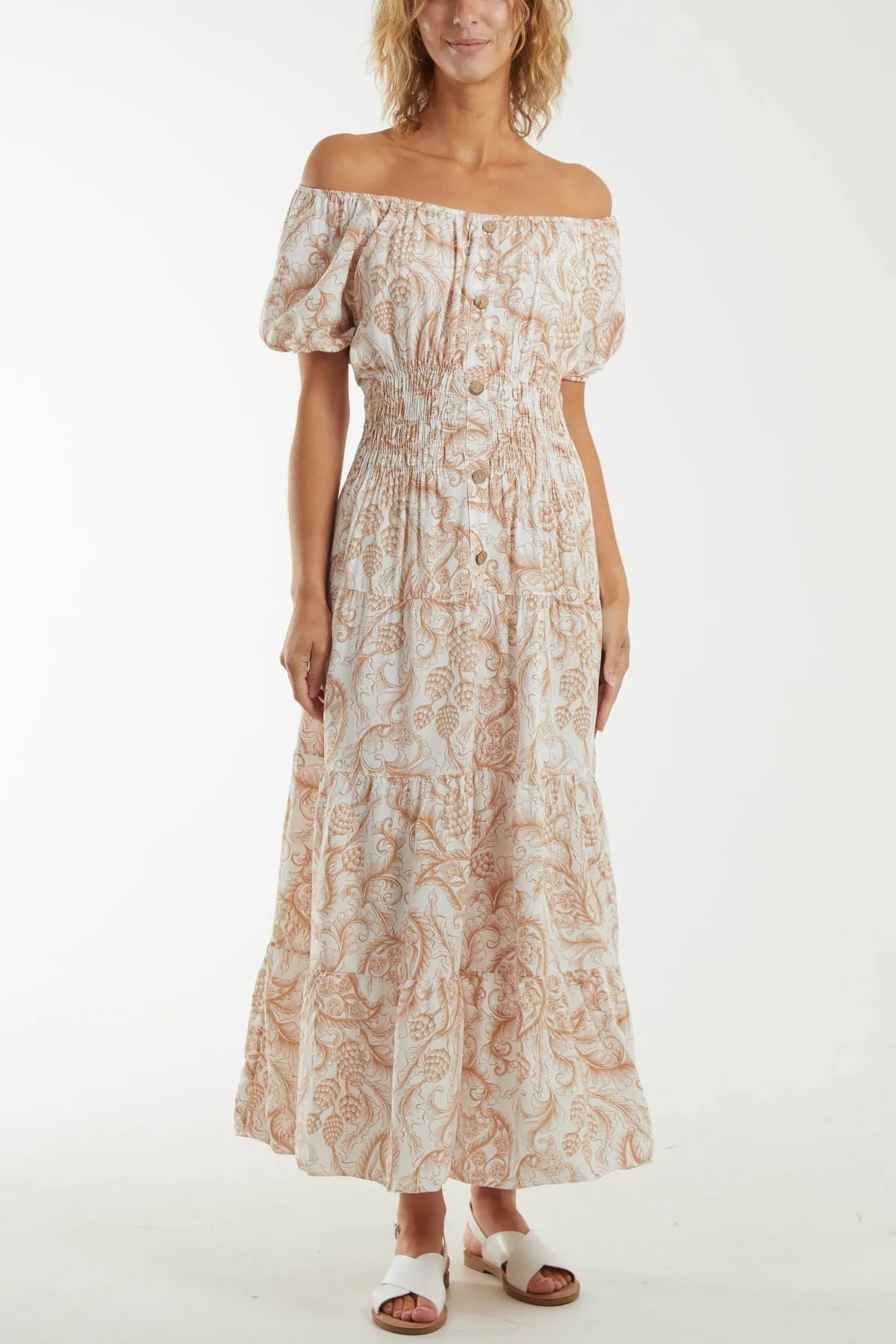 Paisley Bardot Shirred Bodice Midi Dress