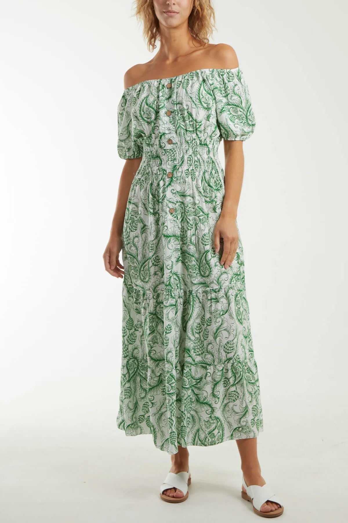 Paisley Bardot Shirred Bodice Midi Dress