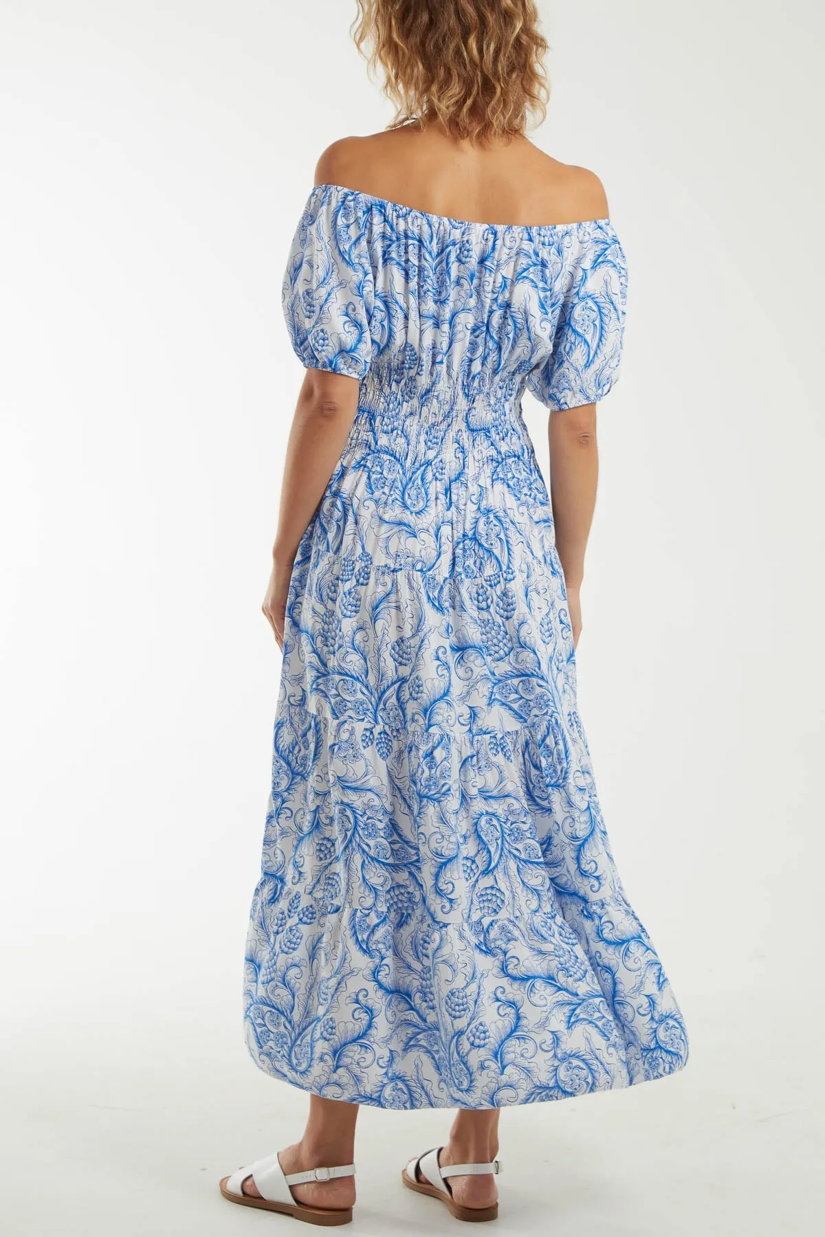 Paisley Bardot Shirred Bodice Midi Dress
