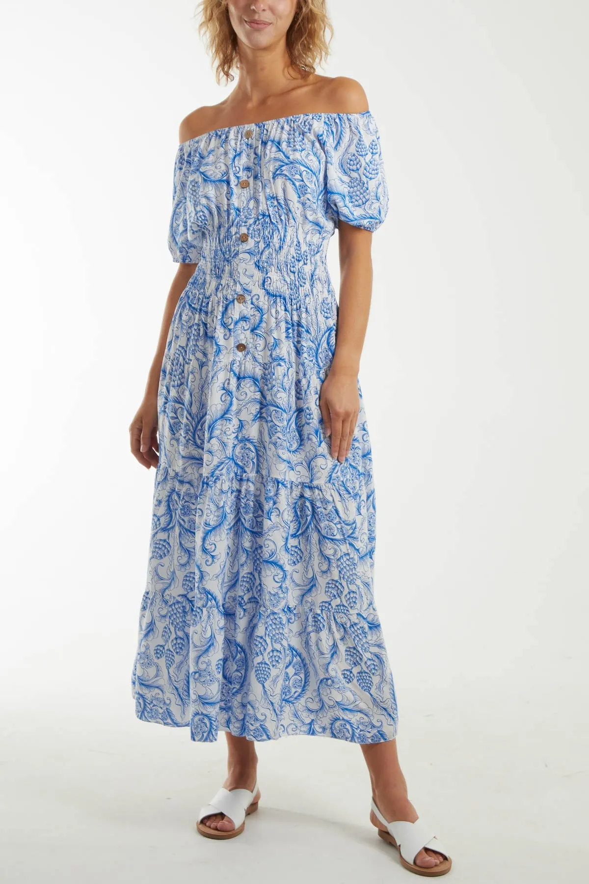 Paisley Bardot Shirred Bodice Midi Dress