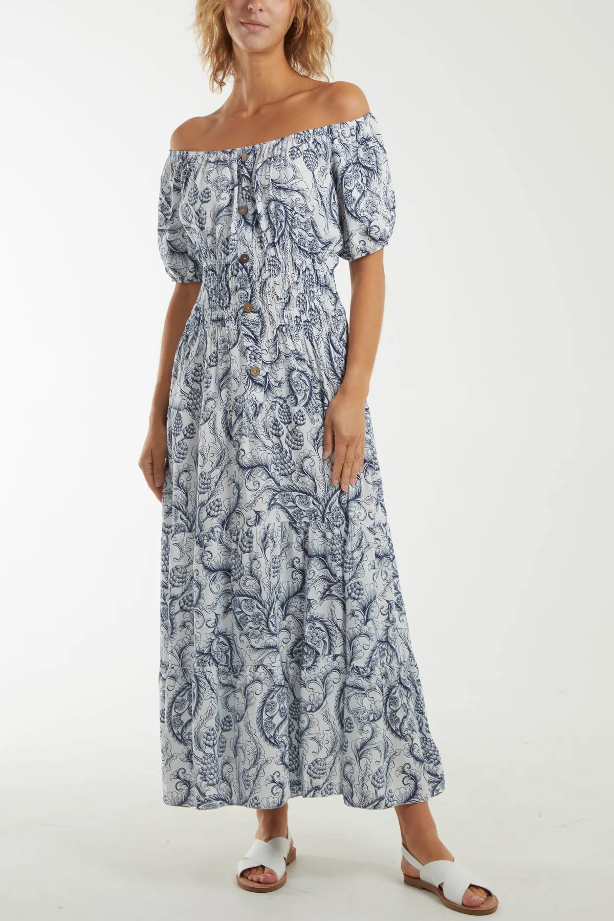 Paisley Bardot Shirred Bodice Midi Dress