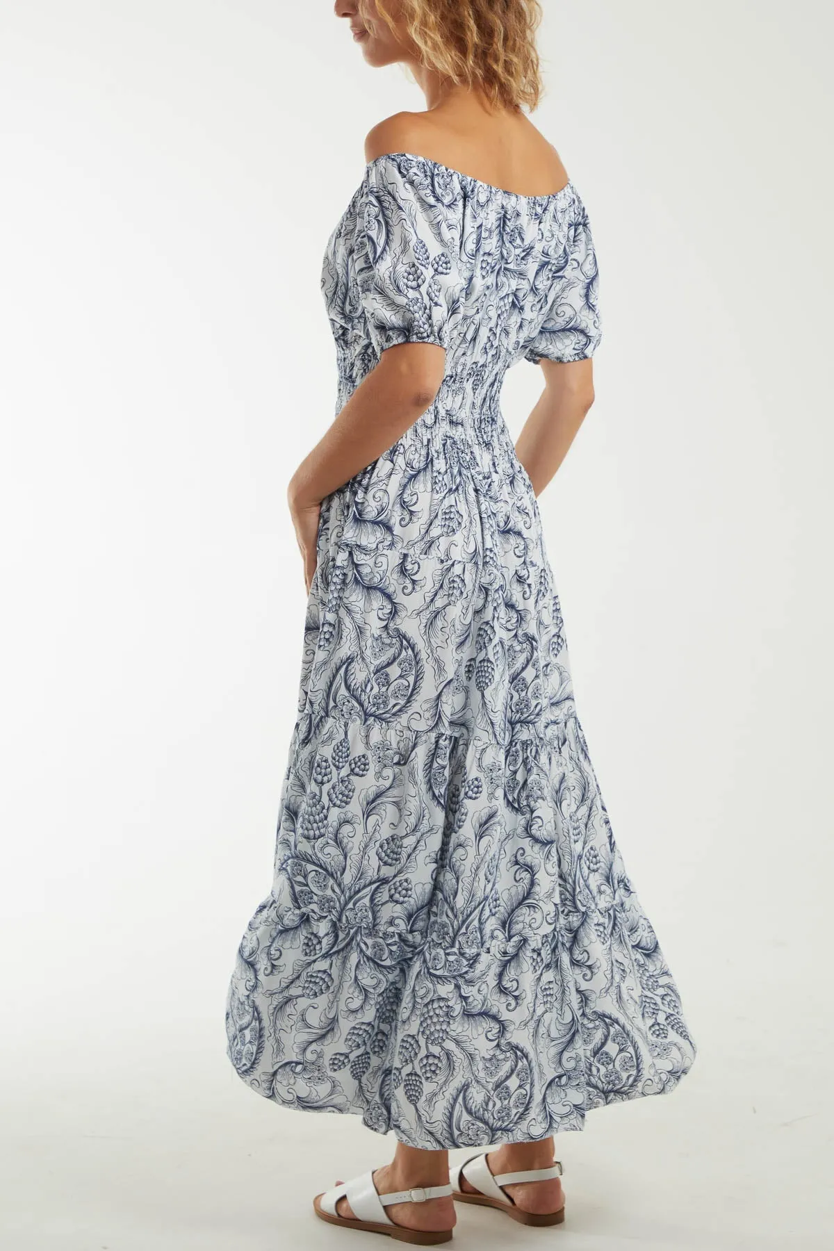 Paisley Bardot Shirred Bodice Midi Dress