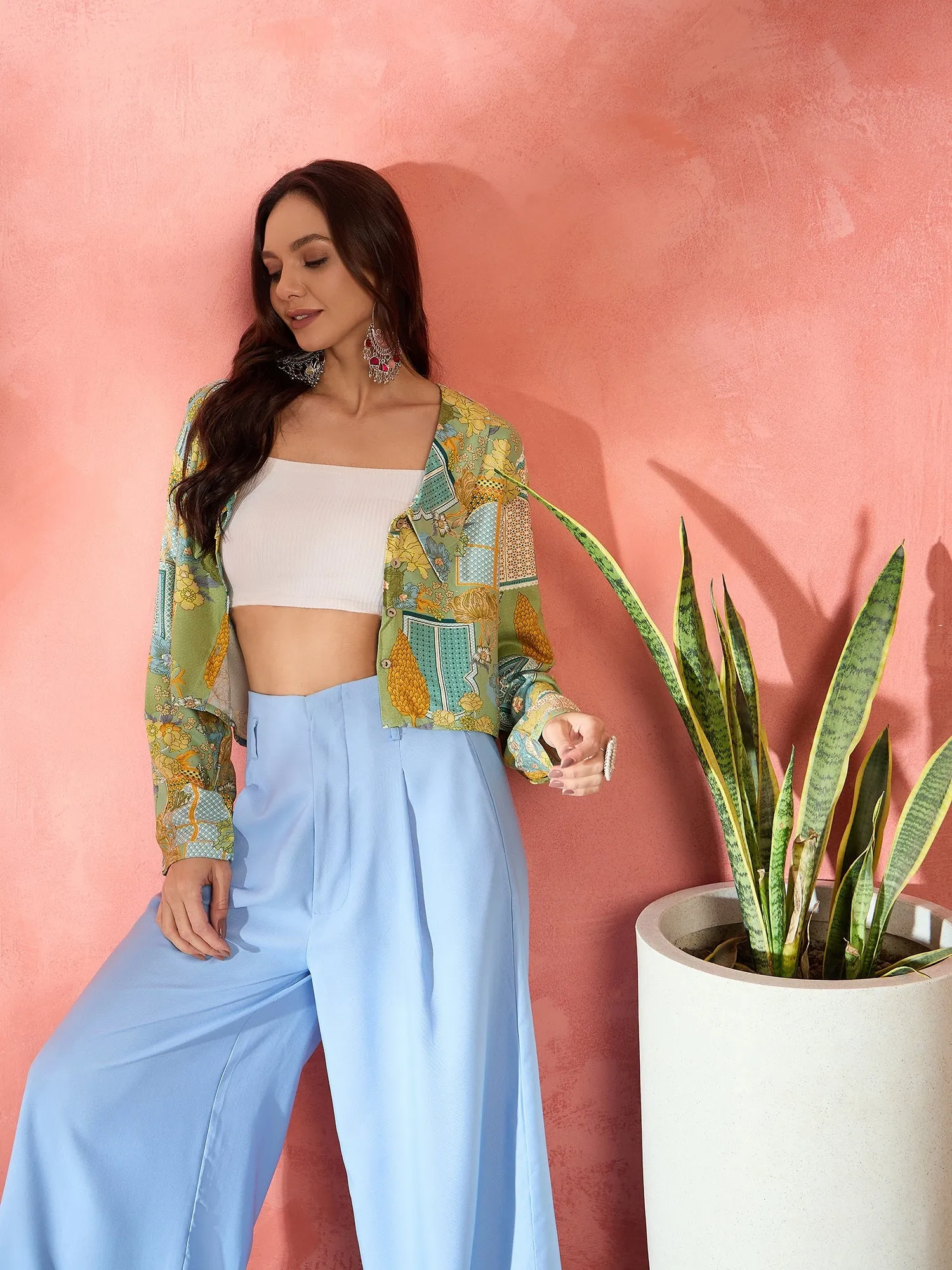 Pear Green Window Print Collar Short Jacket