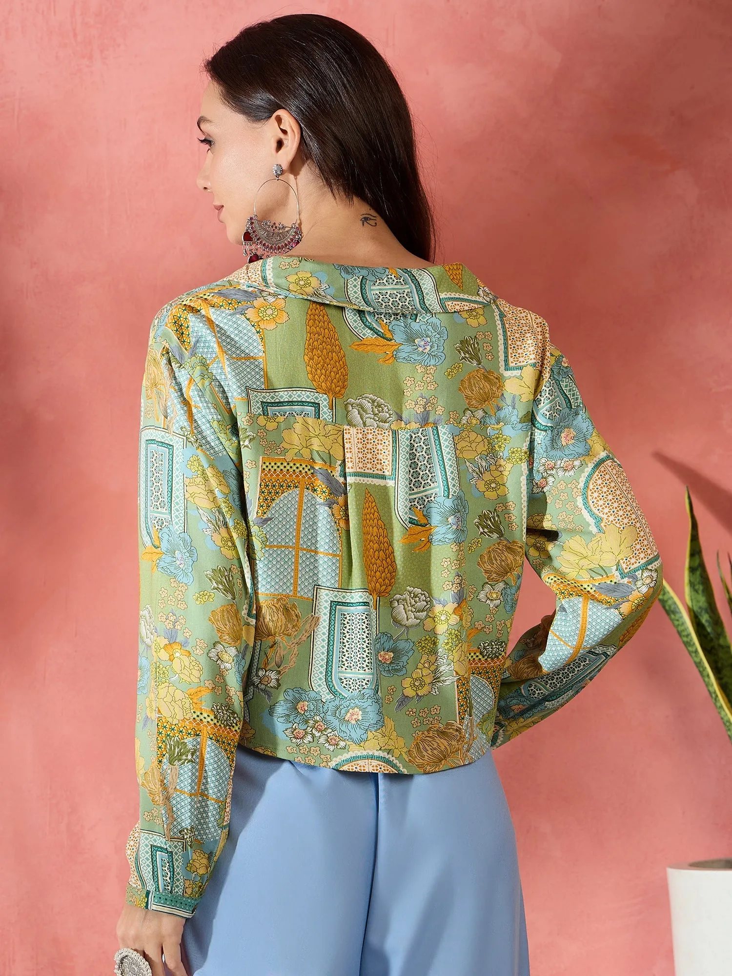 Pear Green Window Print Collar Short Jacket