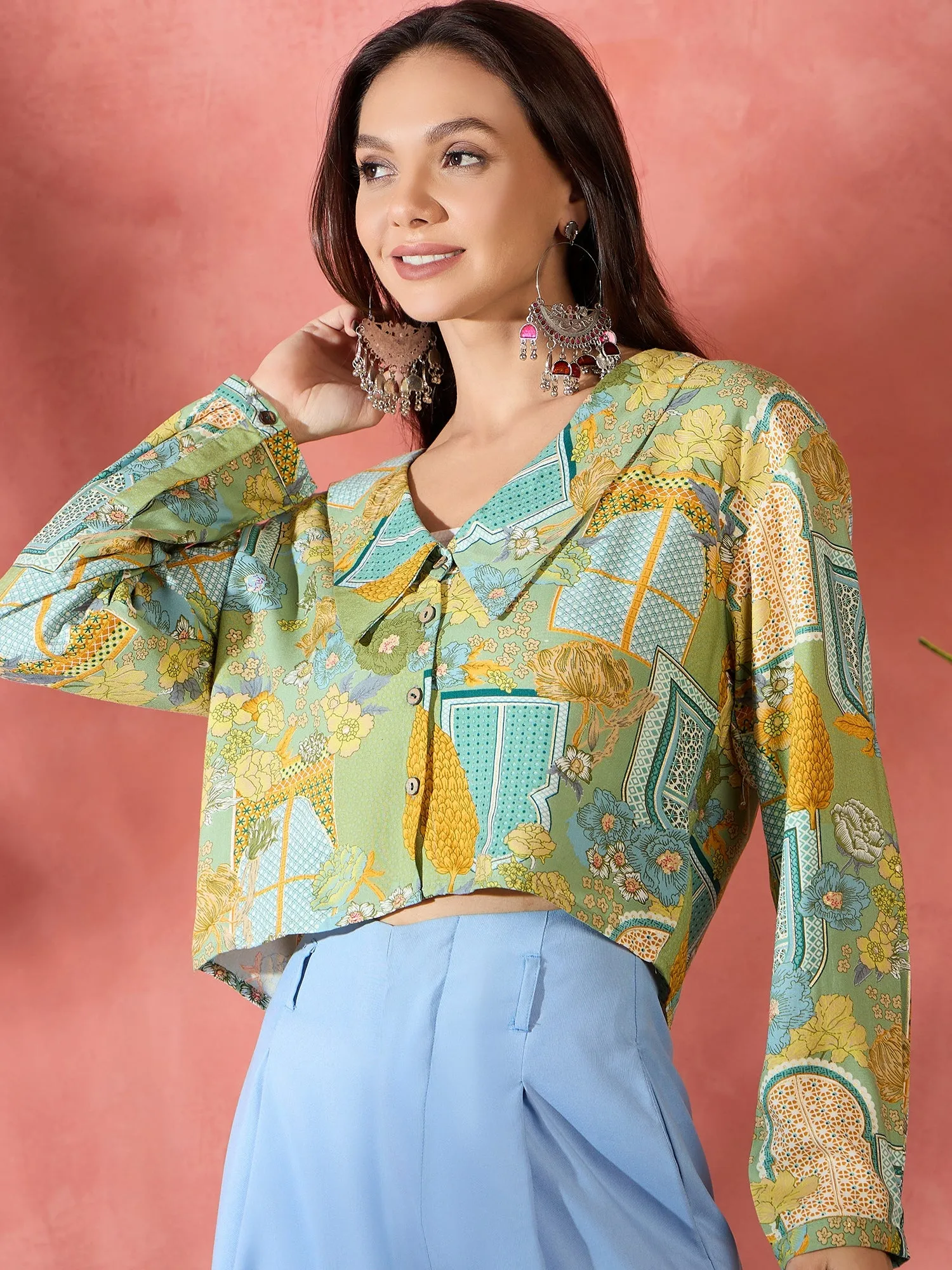 Pear Green Window Print Collar Short Jacket