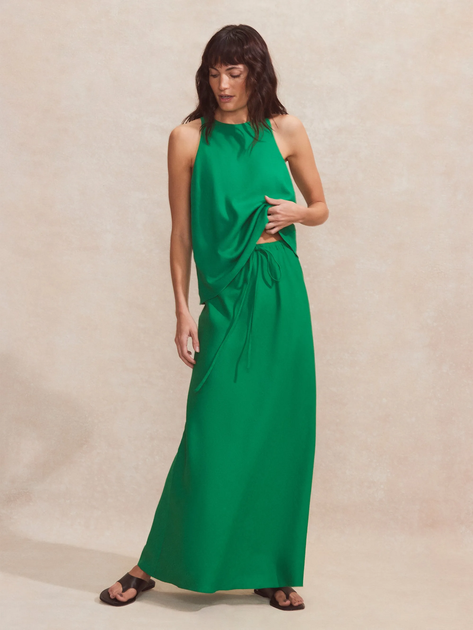 Petite Green Linen-Blend Bias-Cut Maxi Skirt