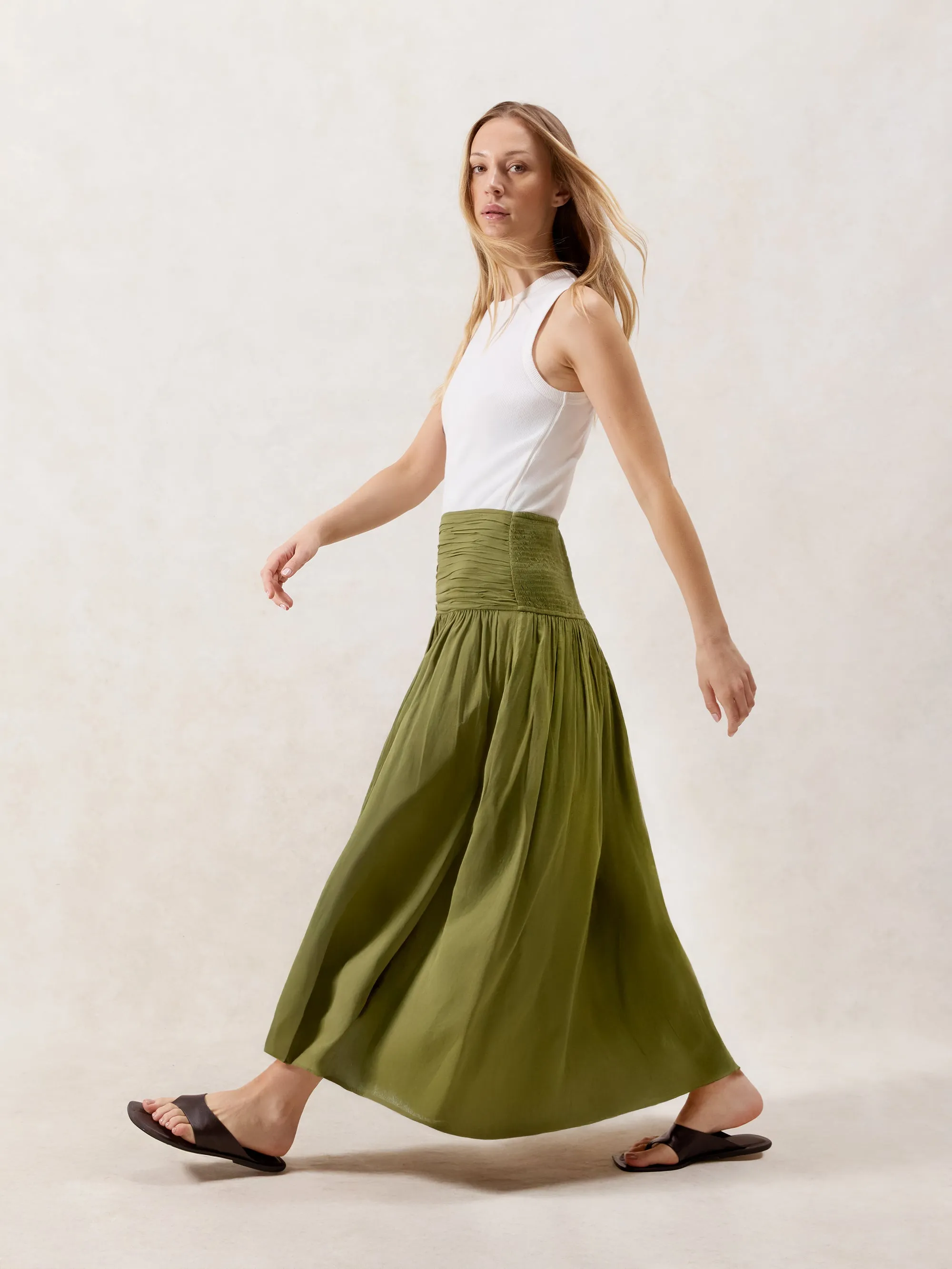 Petite Khaki Ruched-Waist Cotton Maxi Skirt