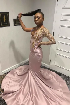 Pink One Shoulder Mermaid Prom Dresses with Train
