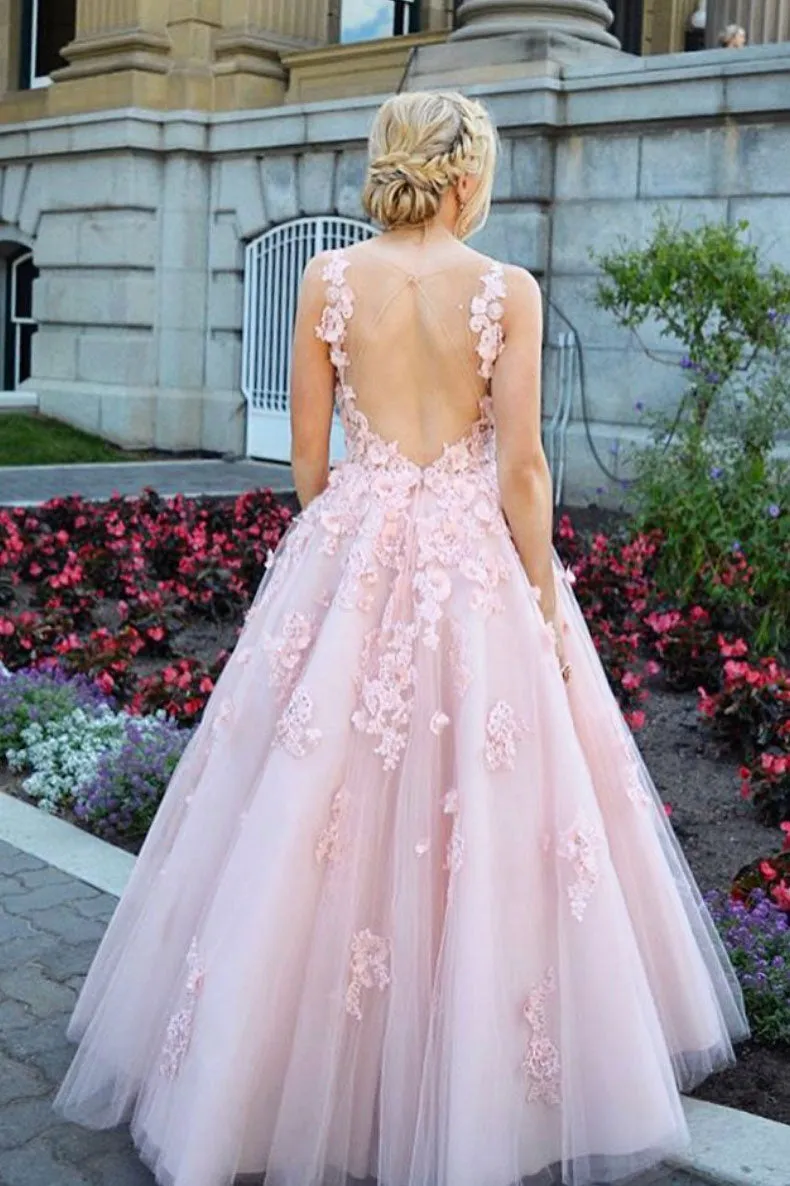 Pink tulle lace long prom dress, pink tulle sweet 16 dress