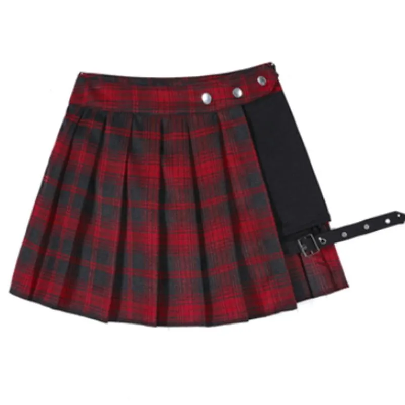 Pleated Gothic Punk Style Plaid Irregular Skirt High Waist