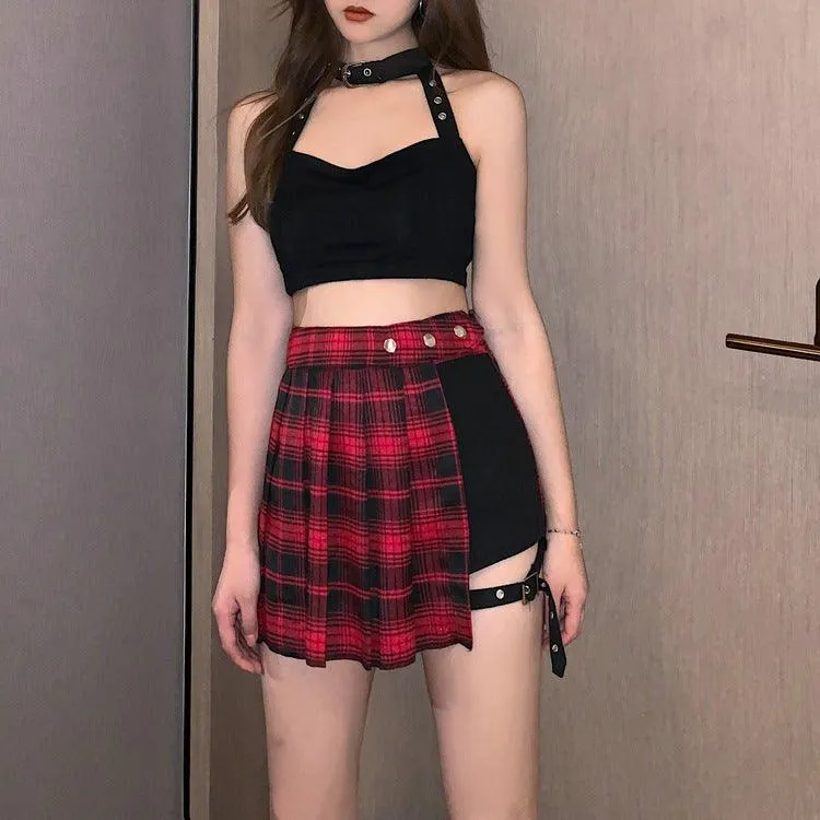 Pleated Gothic Punk Style Plaid Irregular Skirt High Waist