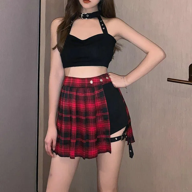 Pleated Gothic Punk Style Plaid Irregular Skirt High Waist