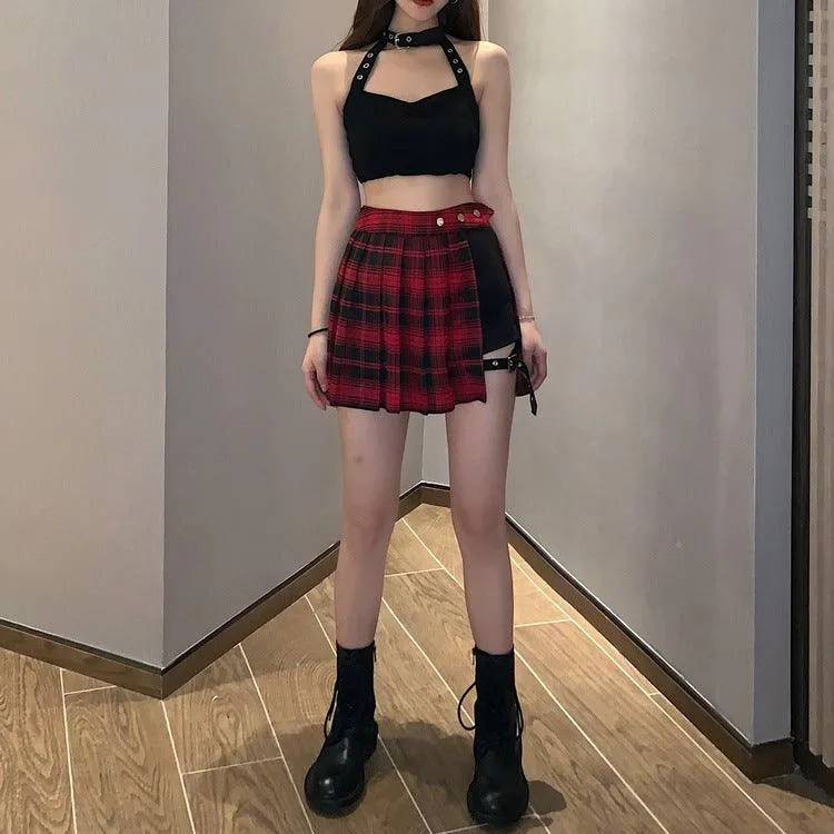 Pleated Gothic Punk Style Plaid Irregular Skirt High Waist