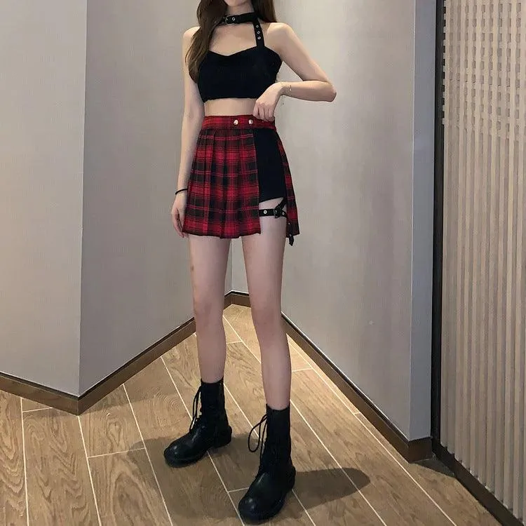Pleated Gothic Punk Style Plaid Irregular Skirt High Waist