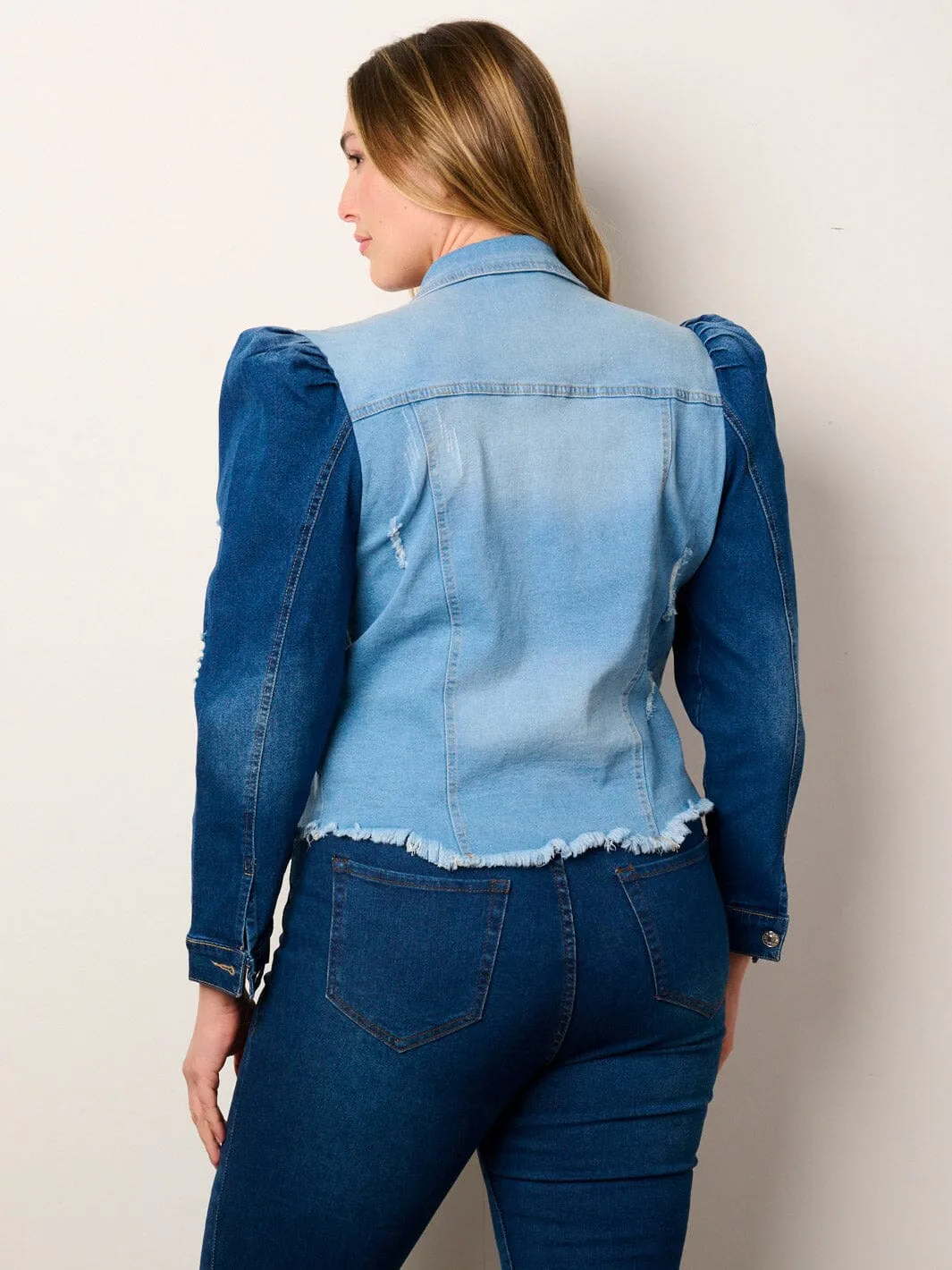 PLUS SIZE LONG PUFF SLEEVE BUTTON CLOSURE COLORBLOCK DENIM JACKET