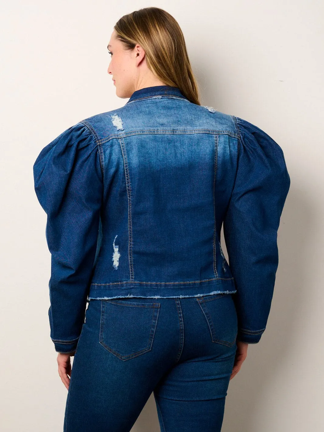 PLUS SIZE LONG PUFF SLEEVE BUTTON CLOSURE DISTRESS DENIM JACKET