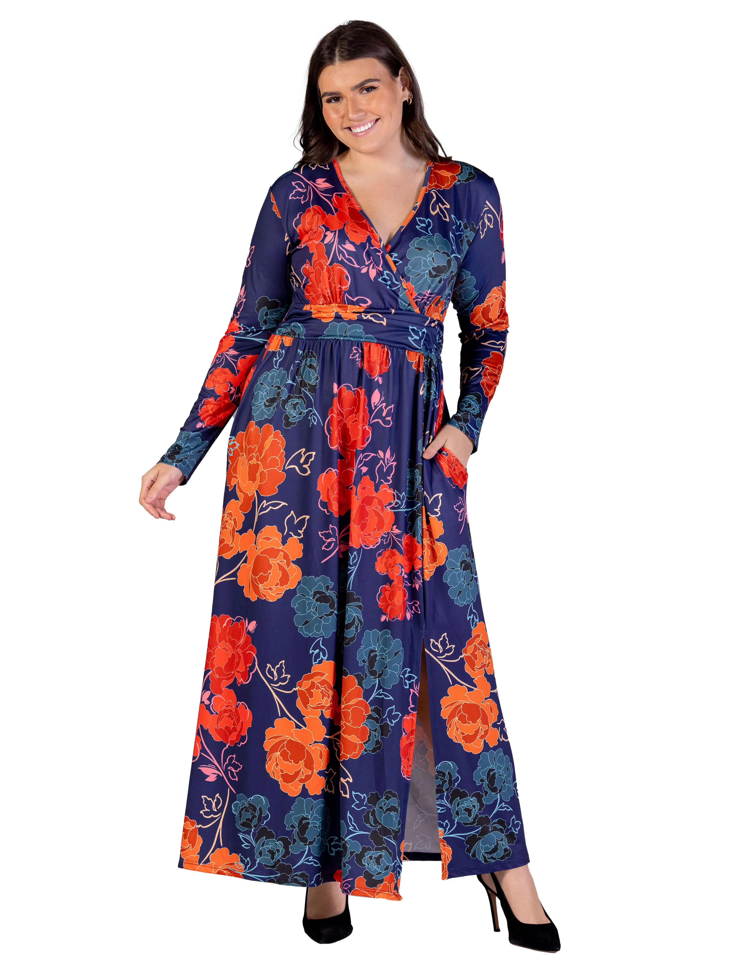 Plus Size Navy Floral Print Long Sleeve Side Slit Maxi Dress