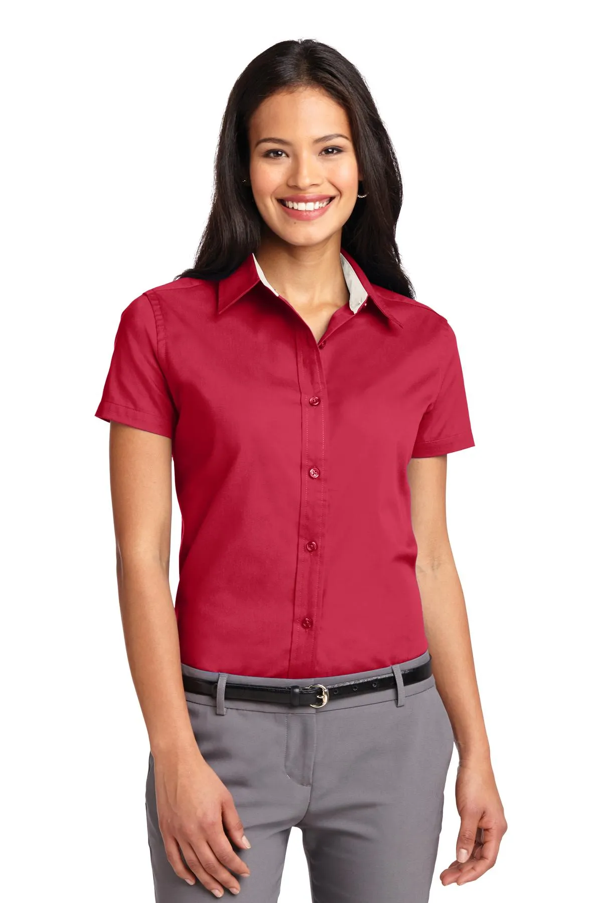 Port Authority Women's Short Sleeve Easy Care  Shirt.  L508 Red/ Light Stone