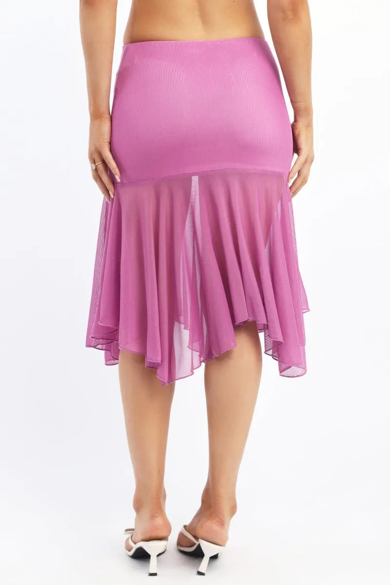 Purple Midi Skirt Scarf Hem Asymmetric Mesh Lined