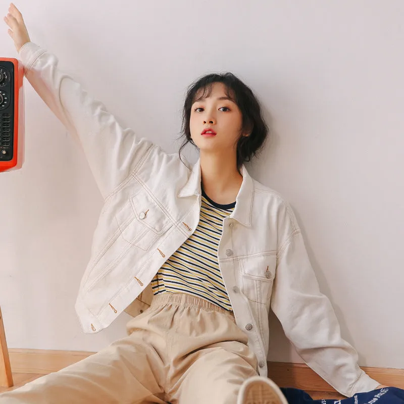 "BEIGE RETRO SIMPLE LOOSE DENIM" JACKET TOP K090806