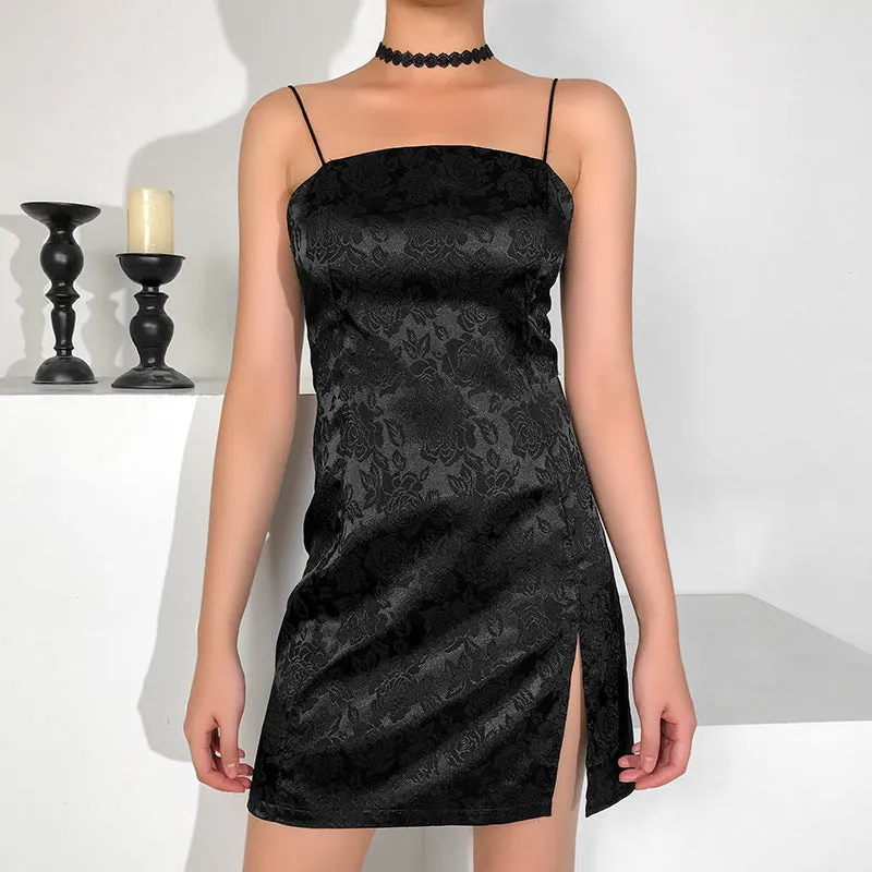 "FLOWER DARK PATTERN SLIT" SUSPENDER DRESS N072910