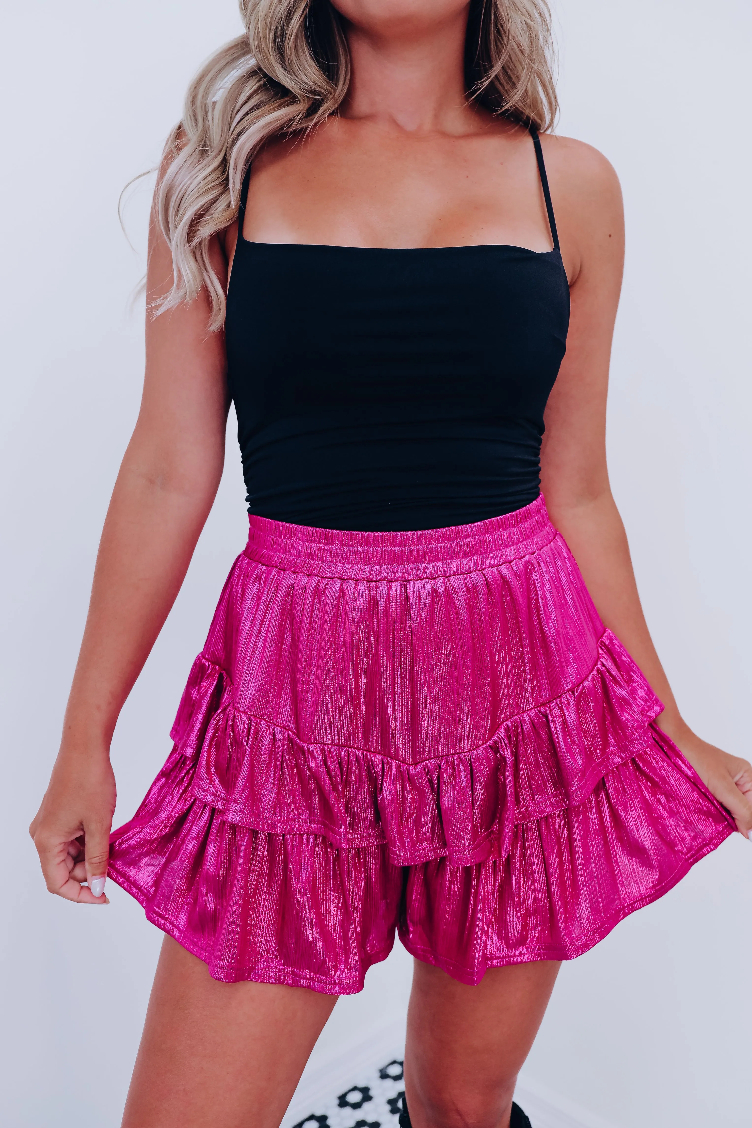 Raina Ruffled Metallic Skorts - Pink