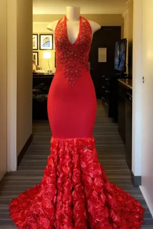 Red Floral Halter Lace Sequins Mermaid Prom Dresses